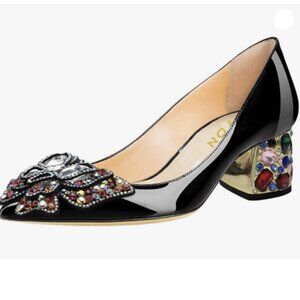 YDN Women Pointed Toe Bow Pump Colorful Rhinestone Block Low Heel Butterfly Red
